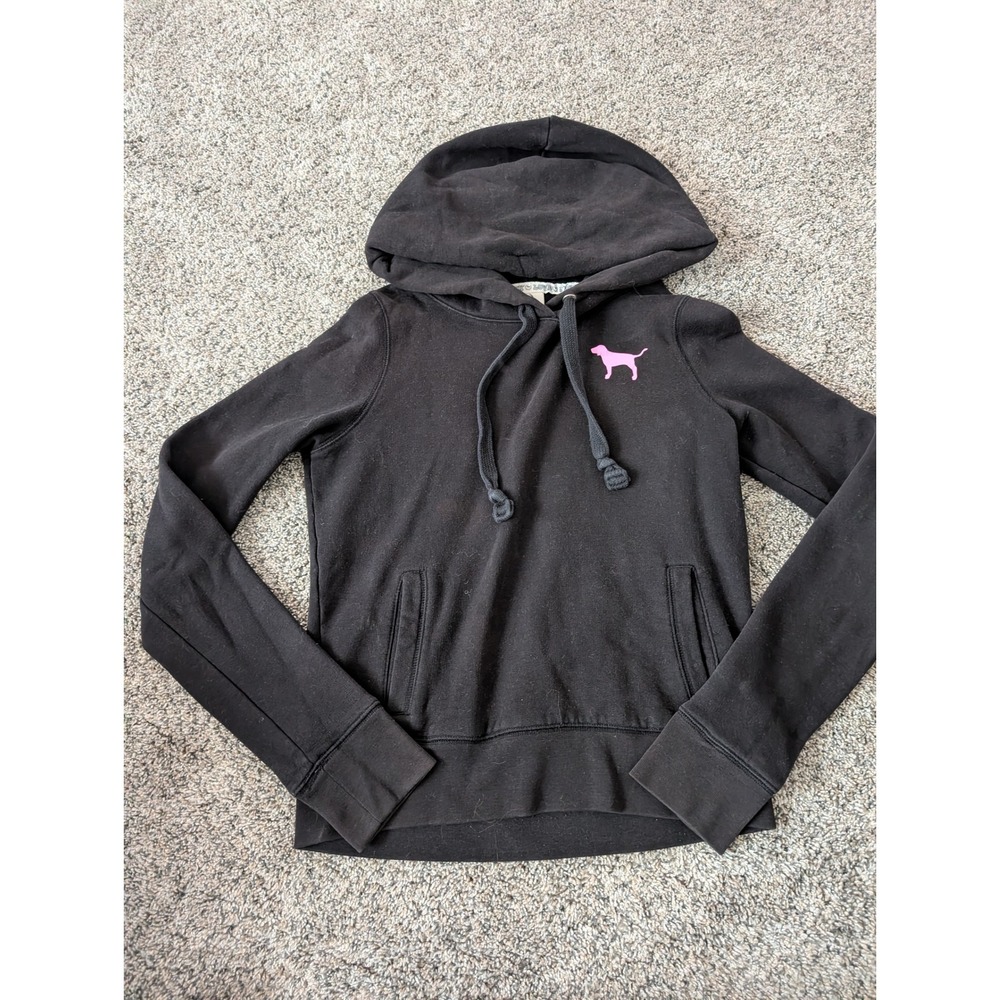 PINK Victoria's Secret Black Graphic Pullover Hoodie Love 1986 Dog Logo XS 2011